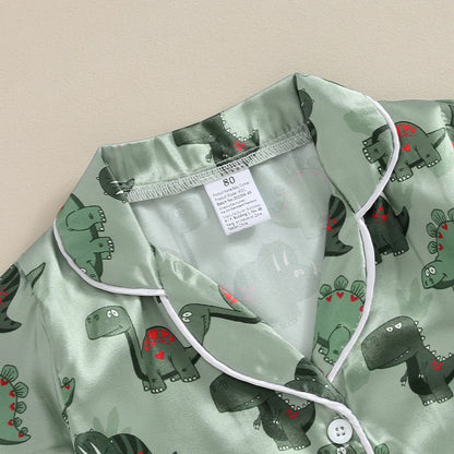 Dinosaur Print Collar Short Sleeve Shirts and Elastic Waist Shorts 2 Pieces Sleepwear