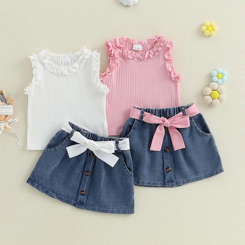 Solid Color Ruffles Tank Tops and Button Denim Skirt with Belt Set
