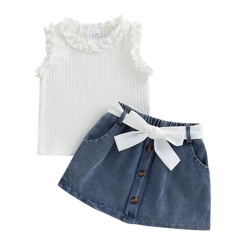 Solid Color Ruffles Tank Tops and Button Denim Skirt with Belt Set