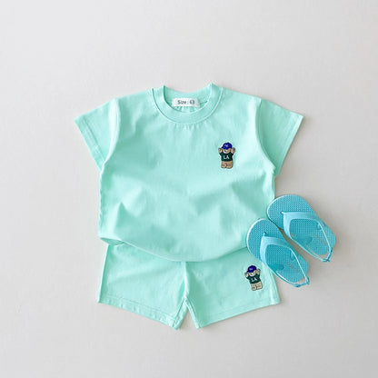 Top and Bottom Set Bear Embroidery Thin Casual Sports Outfit