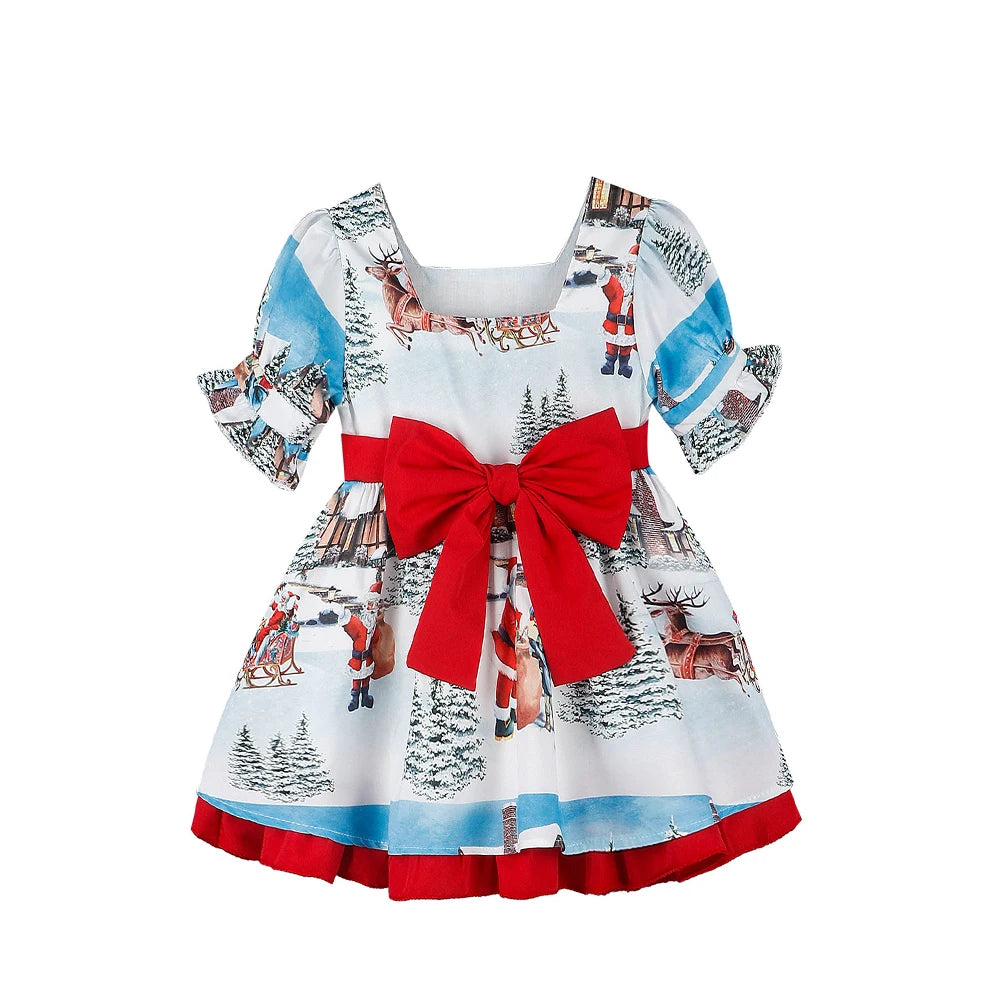 Christmas Bow Dress Kids Full Printing Casual Elk Xmas