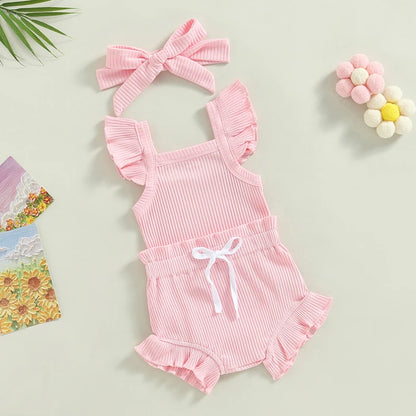 Girls 3Pcs Summer short sleeve top and ruffled shorts