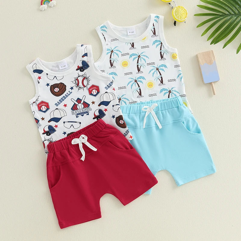 Boy Outfits Beach/Baseball Print Sleeveless Tank Tops and Elastic Shorts Set