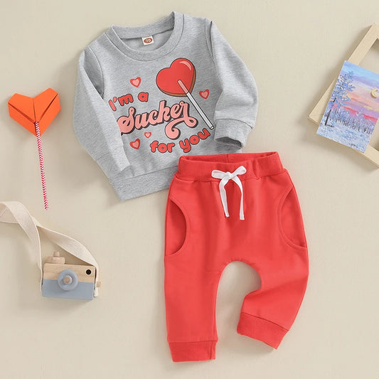 Toddler Infant Baby Girl Boy Valentines Day Outfit Letter Long Sleeve Sweatshirt Jogger Pants Fall Winter Clothes