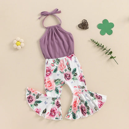 Girl Summer Outfits Tie-Up Halter Neck Sleeveless Rompers Flower Print Flared Pants 2Pcs
