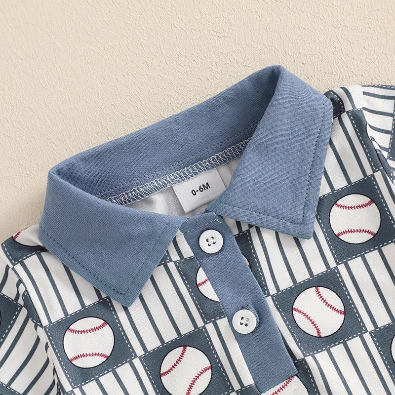 Boy Baseball Outfit Half Button-up Lapel Neck Short Sleeve Shirt Solid Short