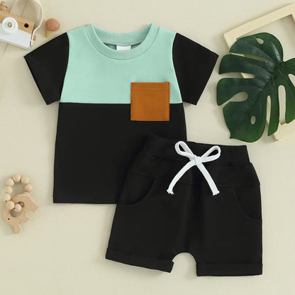 Summer Clothes Color Block Short Sleeve T-shirts + Shorts Set
