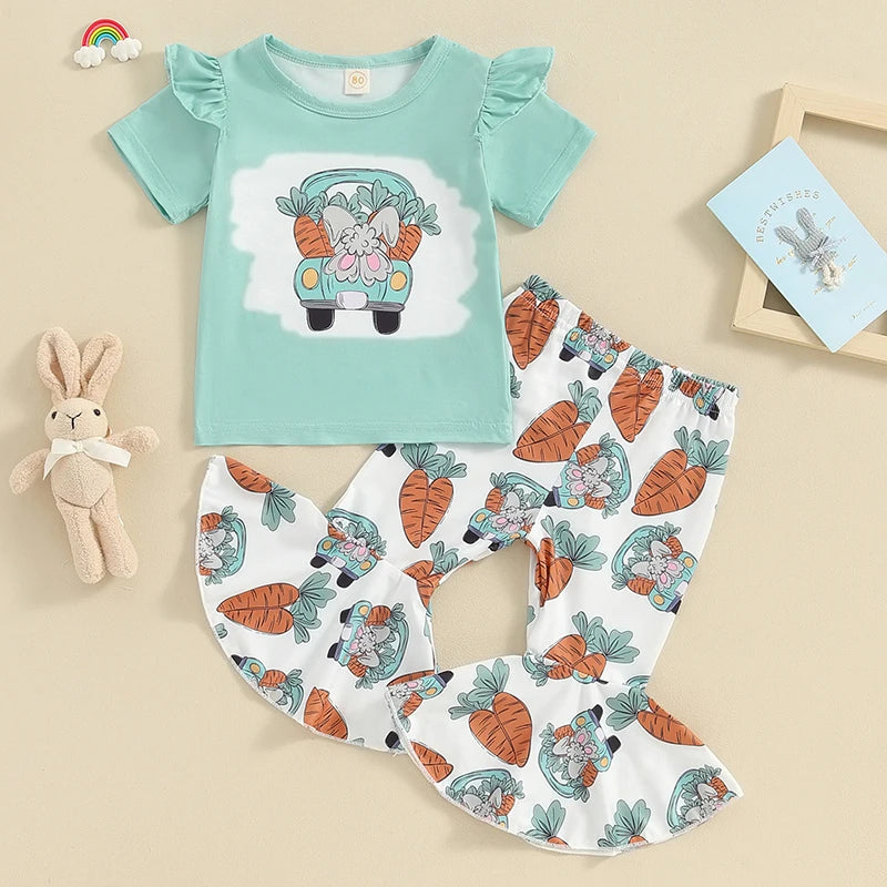 Short Sleeve Letter Print T-Shirt Bunny and Flared Pant Sets