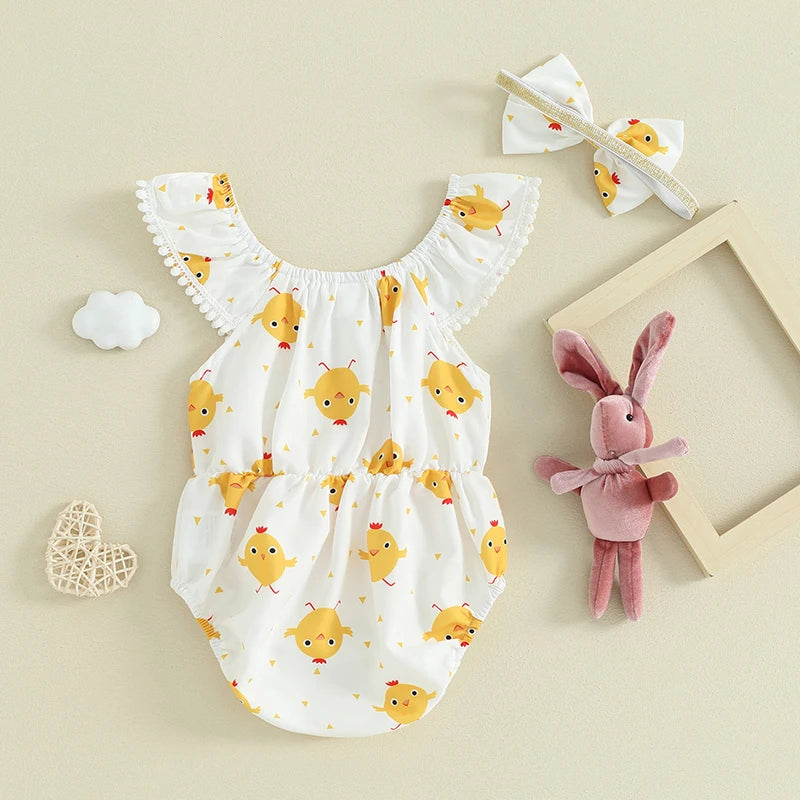 Sleeveless Crew Neck Chick Print Romper with Hairband