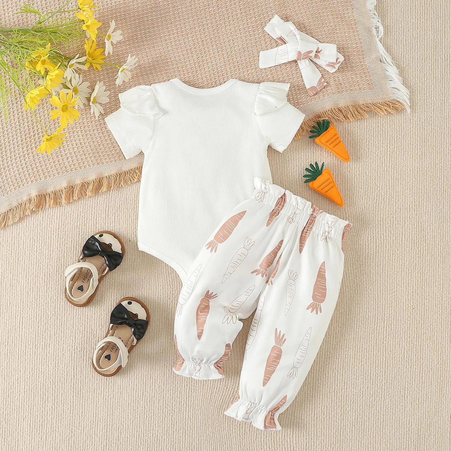 Short Sleeve Easter Rabbit Embroider Romper Bodysuit Pants