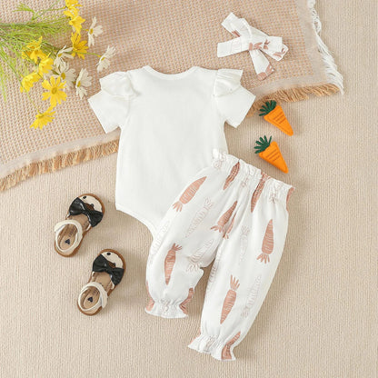 Short Sleeve Easter Rabbit Embroider Romper Bodysuit Pants