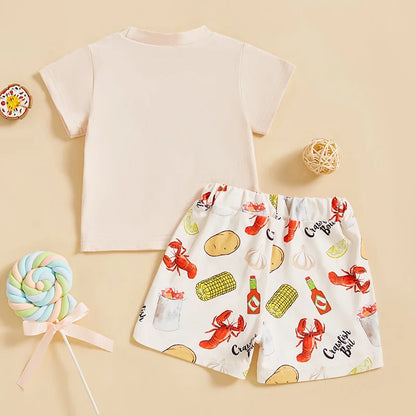 Short Sleeve  Embroidery T-shirt with Lobster Print Shorts Set