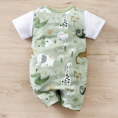 Animal Print Romper Newborn Baby Faux Two-Piece Bodysuit with Short Sleeves
