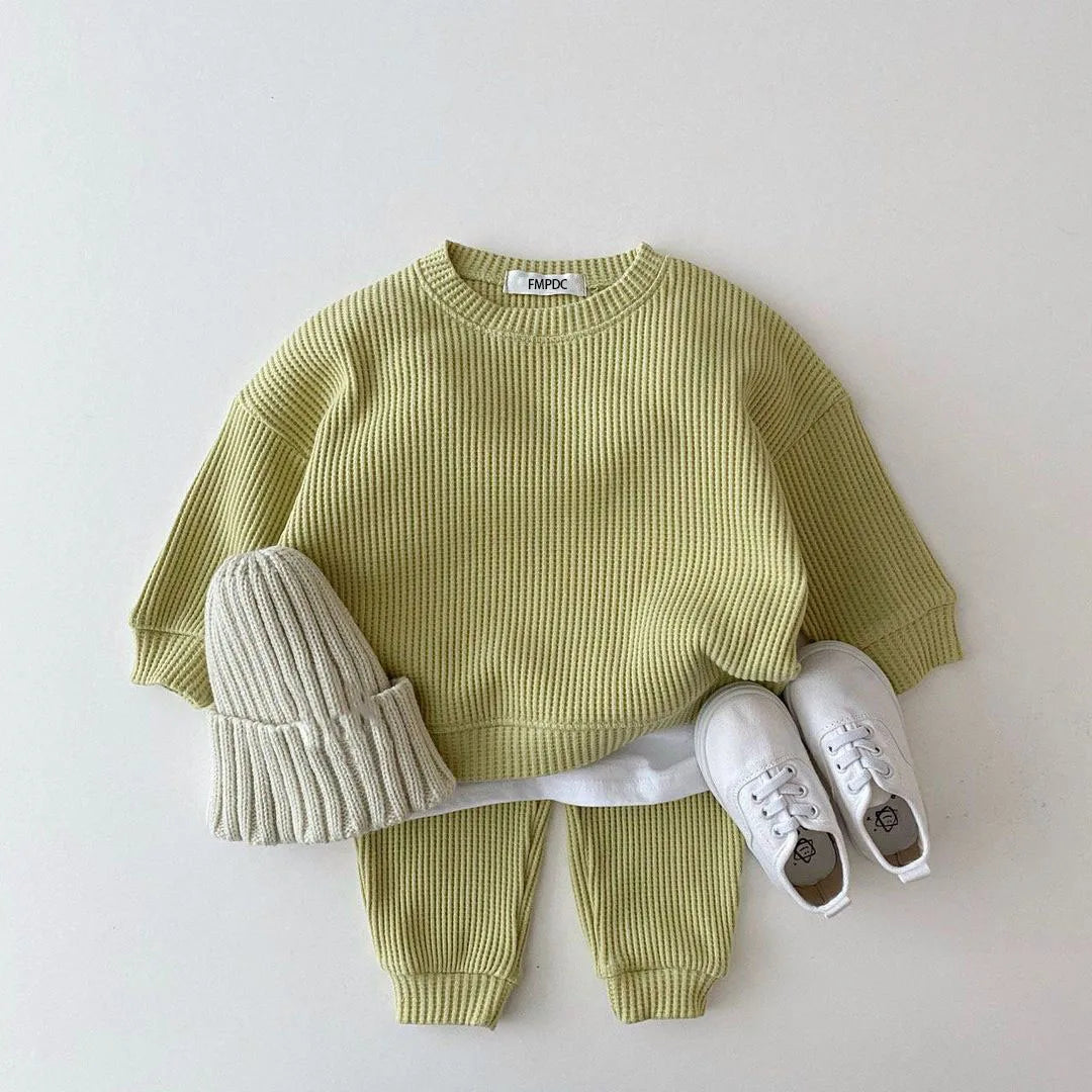 Waffle Cotton Kids Loose Tracksuit Pullovers Tops+Pants 2PCS Set