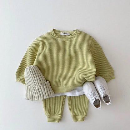 Waffle Cotton Kids Loose Tracksuit Pullovers Tops+Pants 2PCS Set