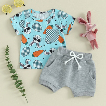 Rabbit Print T-shirt with Elastic Waist Shorts 2-piece Short Sleeve