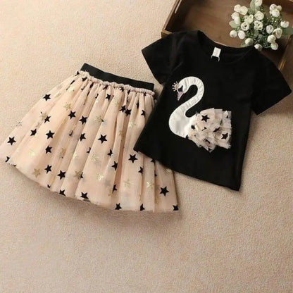 Swan T-Shirt+Sequin Skirts 2Pcs Outfits
