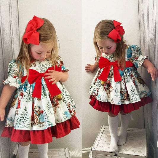 Christmas Bow Dress Kids Full Printing Casual Elk Xmas