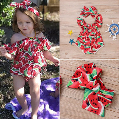 Watermelon Print Bodysuit Headband Short Sleeve Romper