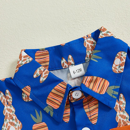 Boys Easter Outfits Bunny Carrot Pattern Collar Short Sleeve Shirt with Shorts 2 Pcs Set