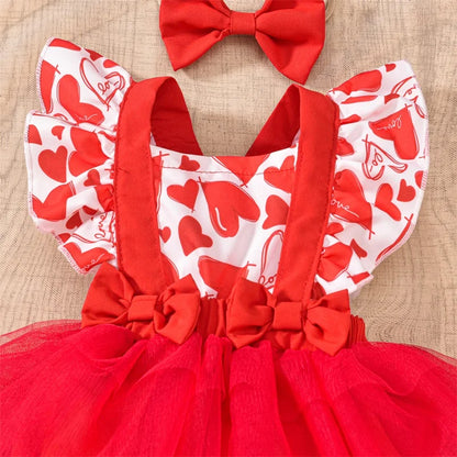 Valentine’s Day Outfits Ruffle Sleeveless Heart Print Romper Dress with Headband Set