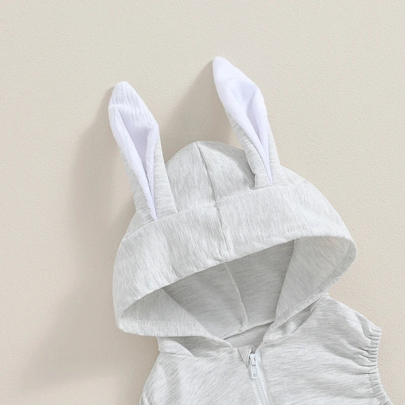 Bunny Ear Oneise  Zipper Hooded Bodysuit Jumpsuit