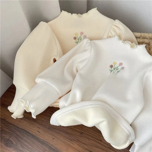 Kids Warm Thickening Sweater Puff Sleeve Flower Embroidery