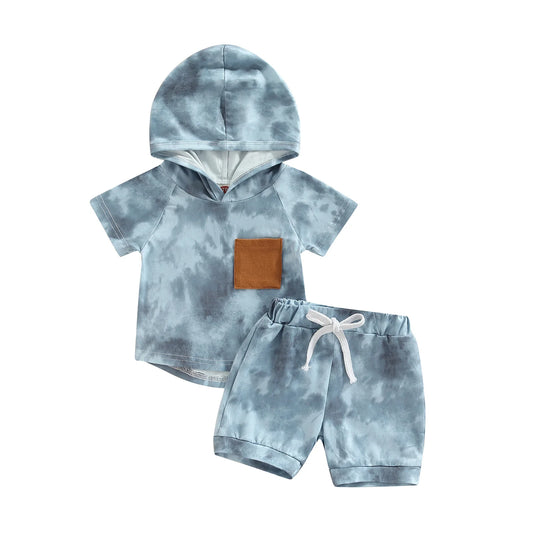 2Pcs Casual Clothing Set Short Sleeve Hooded Tie-Dye  Pritned Top and Shorts