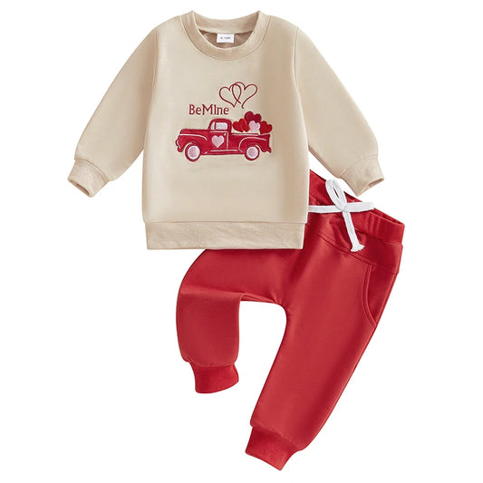 Long Sleeve Embroidery Letters Car Sweatshirt with Sweatpants Valentine’s Day Outfit