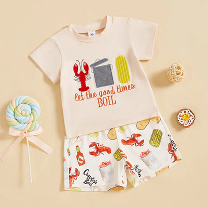 Short Sleeve  Embroidery T-shirt with Lobster Print Shorts Set