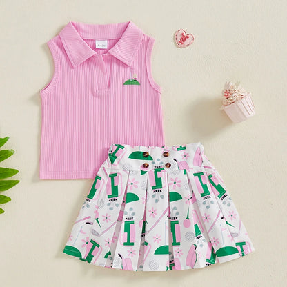 Sleeveless Tank Tops and Golf Print Pleated A-Line Skirt Set