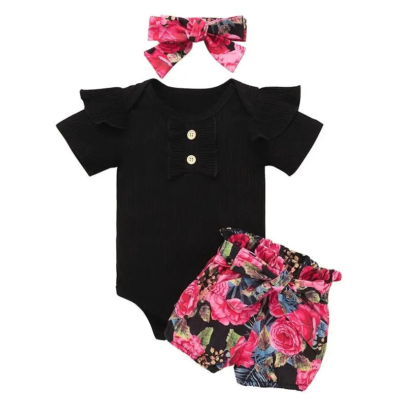 Summer Newborn Baby Girl Clothes Set Solid Color Short Sleeve Ruffle Romper Tops Flower Short Pants Headband 3Pcs Infant Outfits