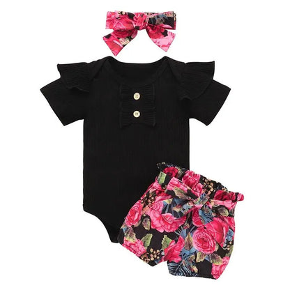 Summer Newborn Baby Girl Clothes Set Solid Color Short Sleeve Ruffle Romper Tops Flower Short Pants Headband 3Pcs Infant Outfits