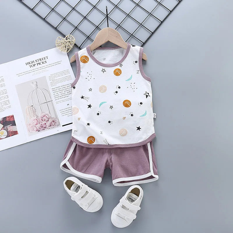Summer Toddler Boy Girl Clothes Baby Boys Cotton Vest+Shorts 2 Pcs Sets Kids Clothes Boys Girls Cartoon Vest Sleeveless T Shirts