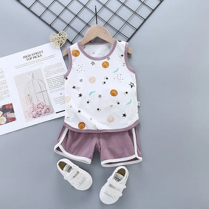 Summer Toddler Boy Girl Clothes Baby Boys Cotton Vest+Shorts 2 Pcs Sets Kids Clothes Boys Girls Cartoon Vest Sleeveless T Shirts