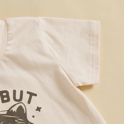 Raccoon Letter Print Short Sleeve T-Shirts and Elastic Waist Shorts Set