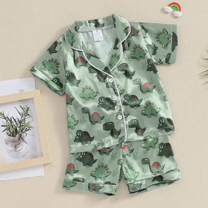 Dinosaur Print Collar Short Sleeve Shirts and Elastic Waist Shorts 2 Pieces Sleepwear