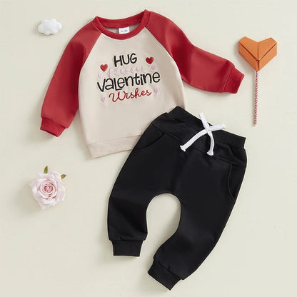 Long Sleeve Embroidery Letters Heart Sweatshirt with Sweatpants Valentine’s Day Outfit