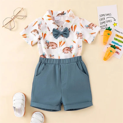 Button Down Short Sleeve Shirt Elastic Waist Shorts Set