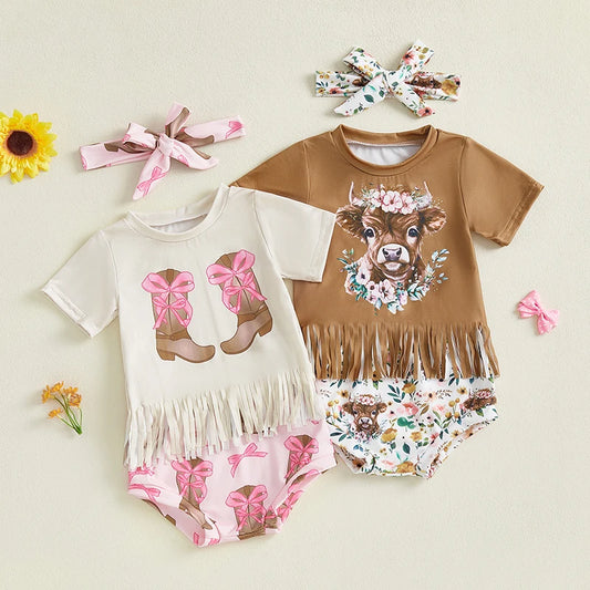 Girl Western Outfit Cow/Boot Short Sleeve Tassel T-shirt Elastic Waist Shorts Tie-up Headband Set