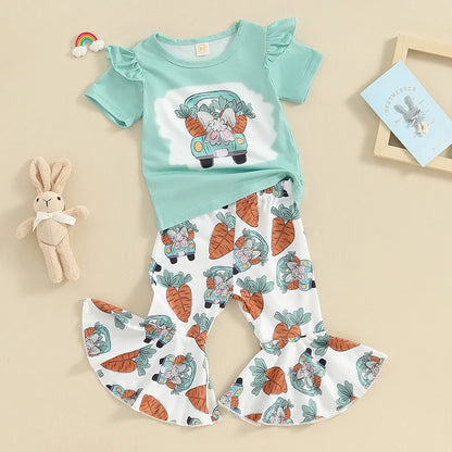 Short Sleeve Letter Print T-Shirt Bunny and Flared Pant Sets