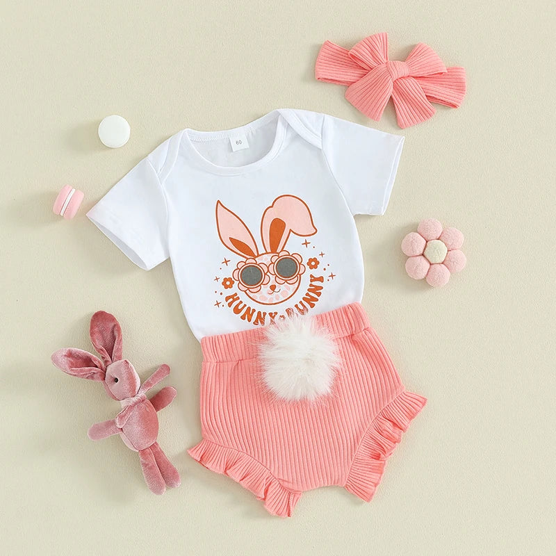 Bunny Print Short Sleeve Romper and Ruffles Shorts