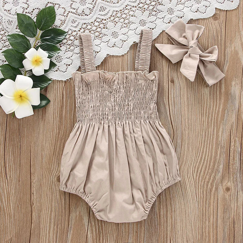 Sleeveless Suspender Kids Rompers Headband Set