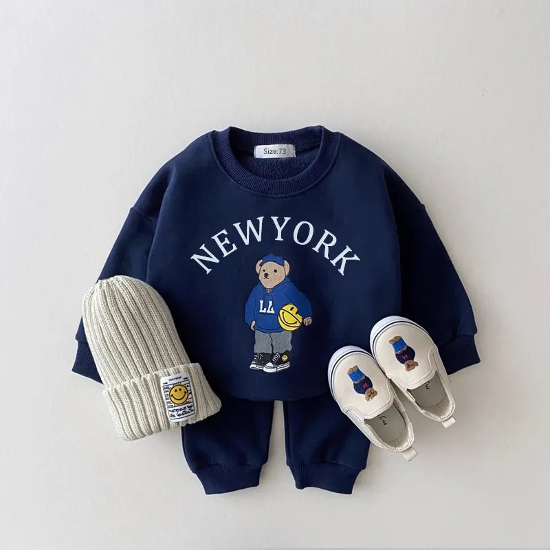 2pcs Letter Bear Long Sleeve Casual Hoodie Sweatshirt+Pants