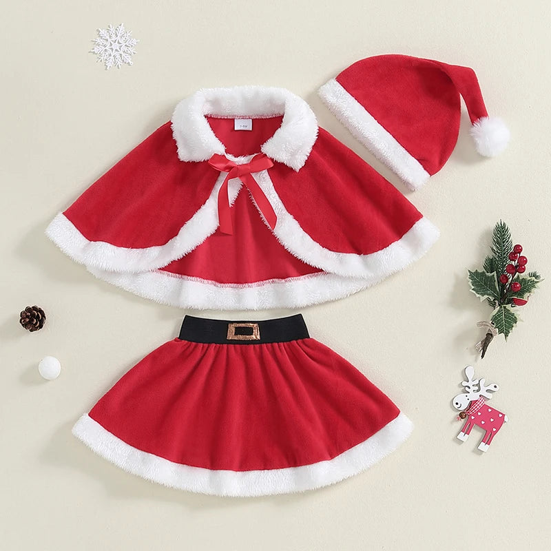 3Pcs Christmas Outfits Red Fur Trim Cape + Skirt + Santa Hat