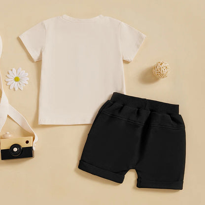Raccoon Letter Print Short Sleeve T-Shirts and Elastic Waist Shorts Set