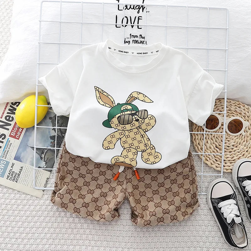 Cartoon Rabbit Short Sleeve Top and Bottom 2 Pieces Set