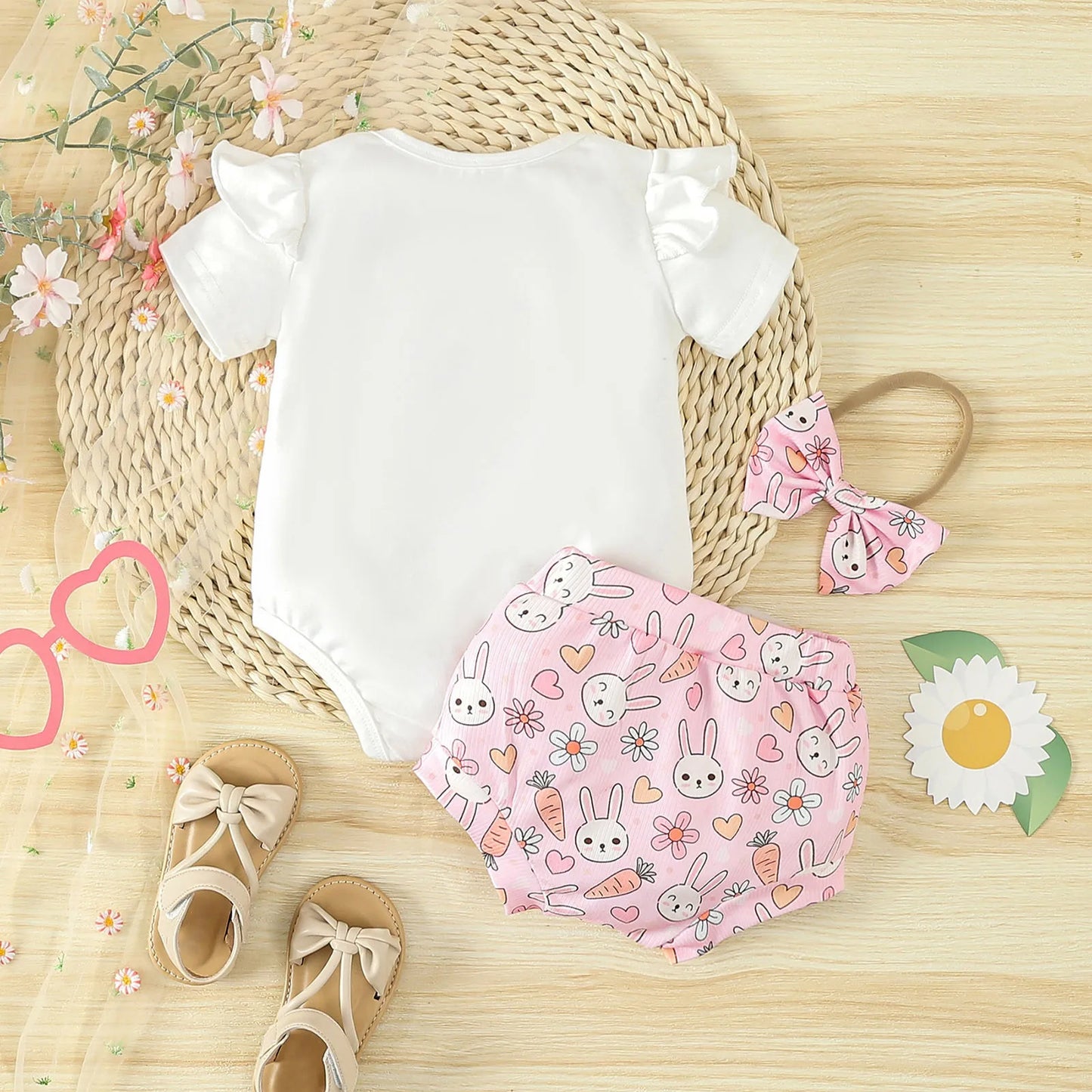 Short Sleeve Letter Print Romper Bodysuit with Shorts and Headband