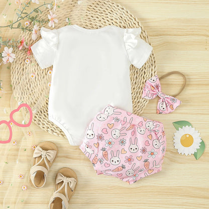 Short Sleeve Letter Print Romper Bodysuit with Shorts and Headband