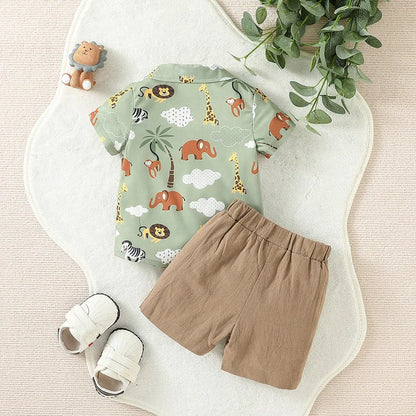 Short Sleeve Lapel Collar Animal Print Shirt Solid Color Elastic Pants Summer Casual Outfits